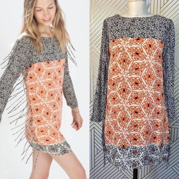Zara Dress Geometric Floral Print Fringe-Trim Shift‎ Black and Orange Size XS - Picture 1 of 12